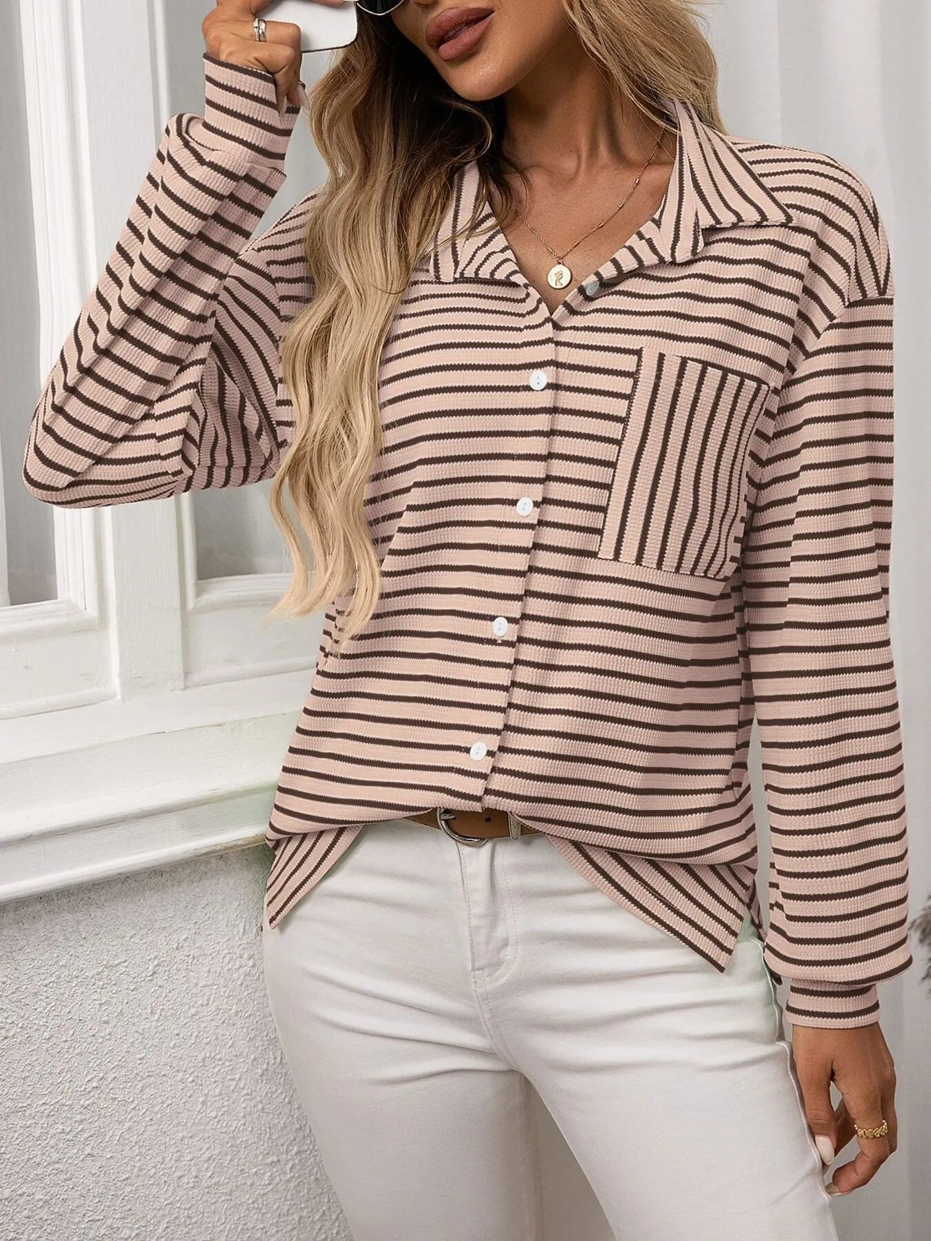 Striped Button Up Long Sleeve Shirt for Everyday Wear, featuring a buttoned design and a front pocket.