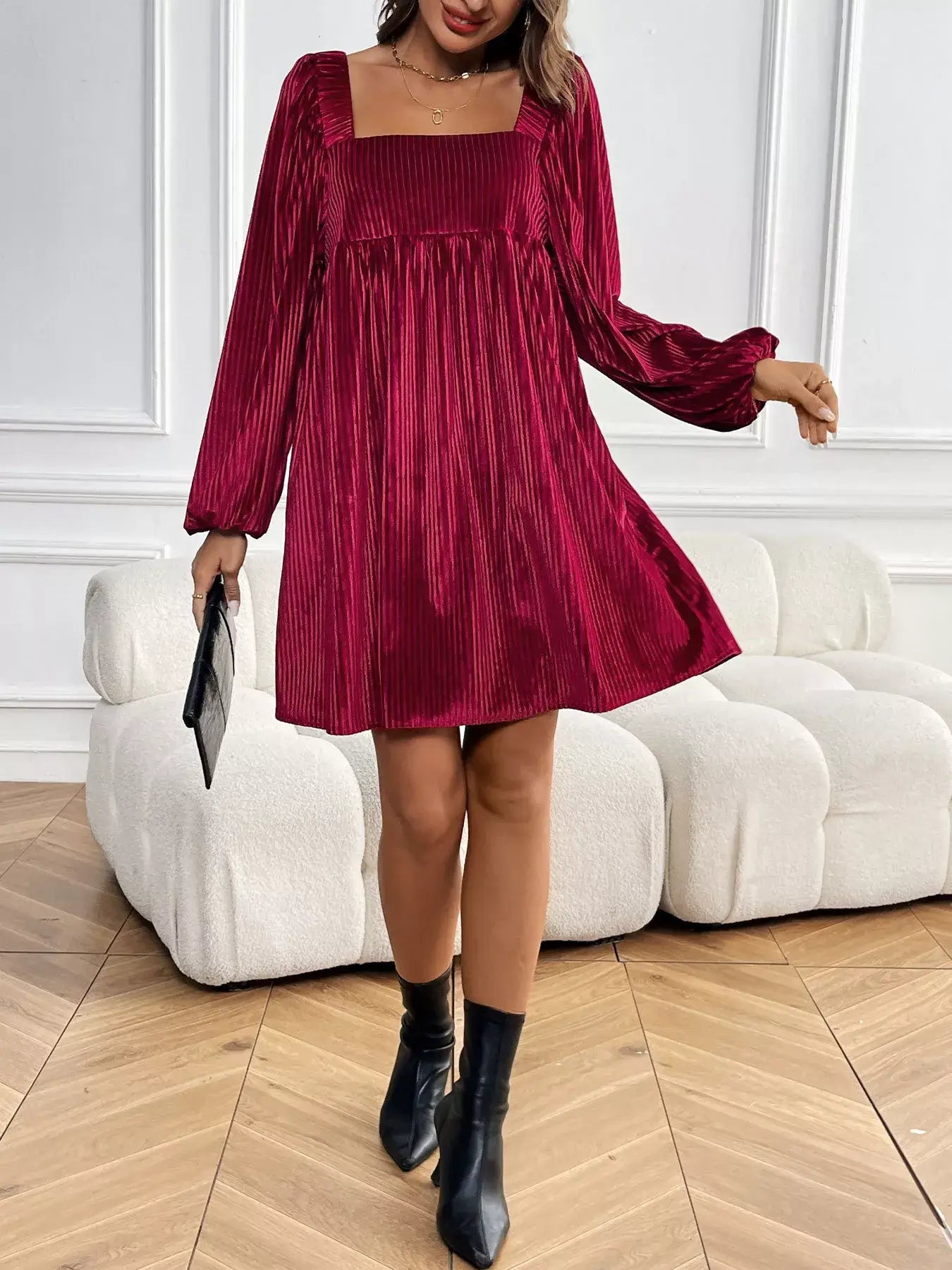 Velvet Square Neck Long Sleeve Dress shown in rich burgundy, perfect for elegant evening style.