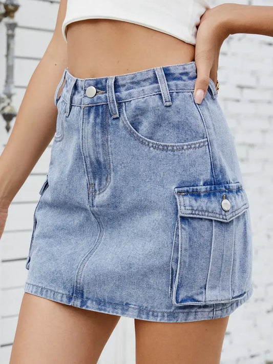 Cargo denim skirt for women featuring functional pockets and a stylish cut, perfect for casual outings.