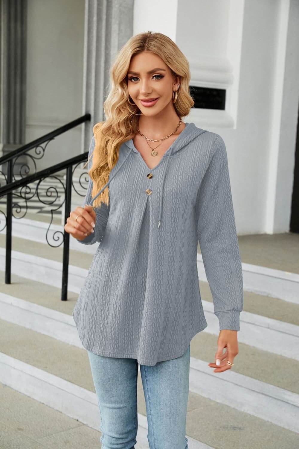 Long Sleeve Hooded Blouse in gray with tie-neck design, perfect for casual and cozy everyday wear.