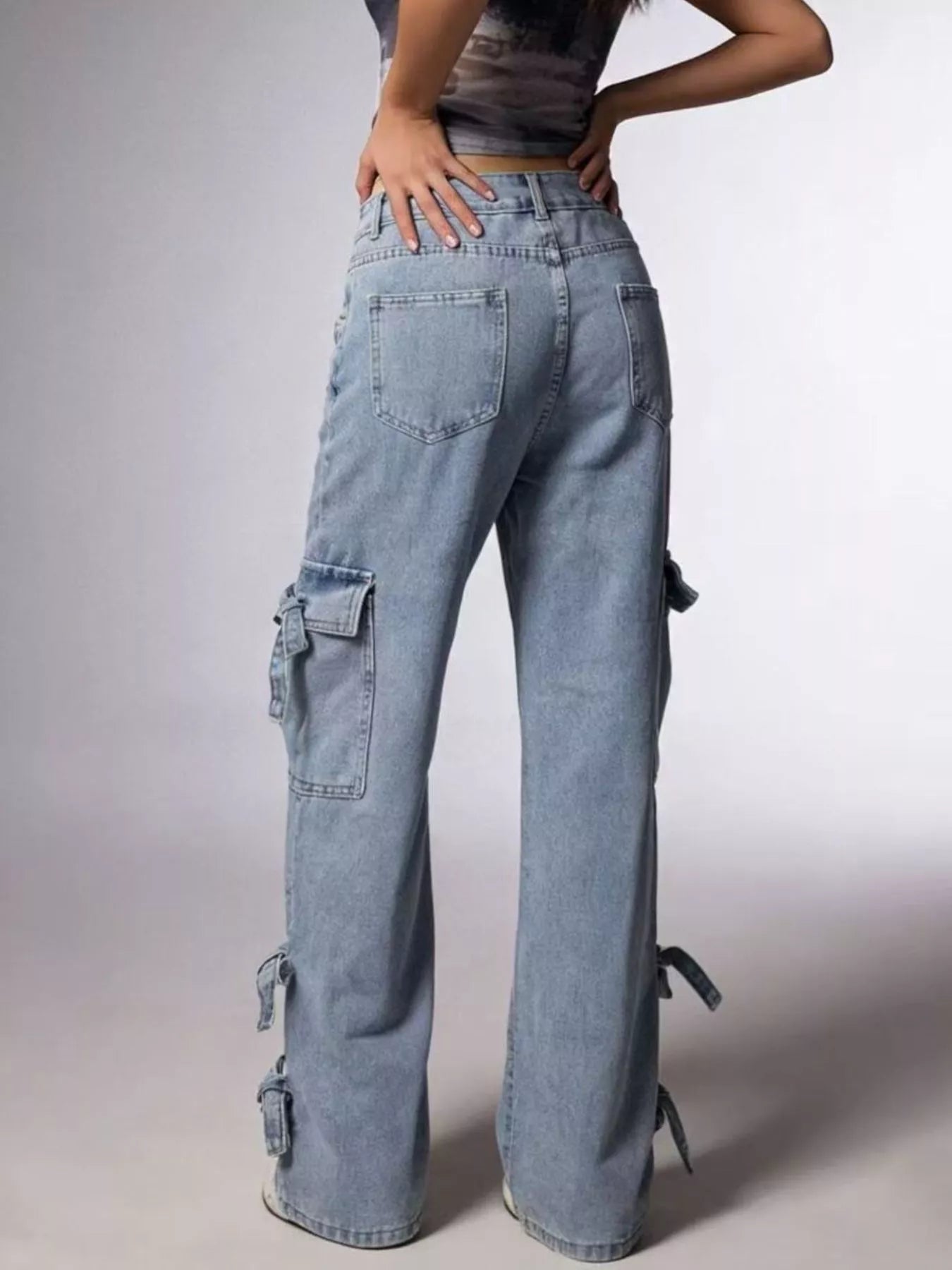 Back view of Bow Wide Leg Jeans showing pocketed detail and relaxed fit, perfect for casual outfits.