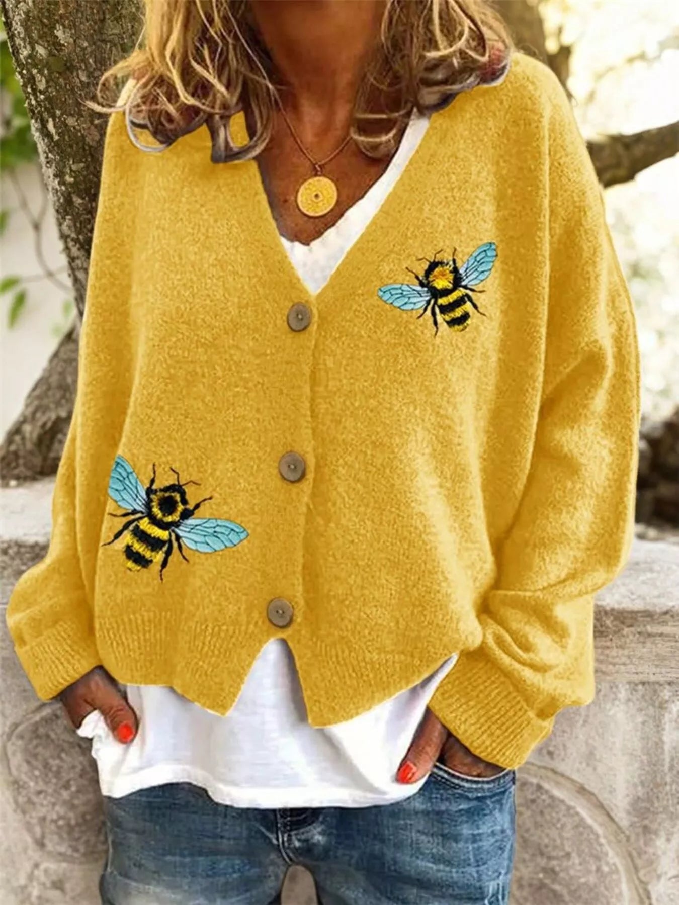 Bee Embroidered Button-Down Cardigan in yellow, featuring vibrant bee embroidery on a stylish, casual design.