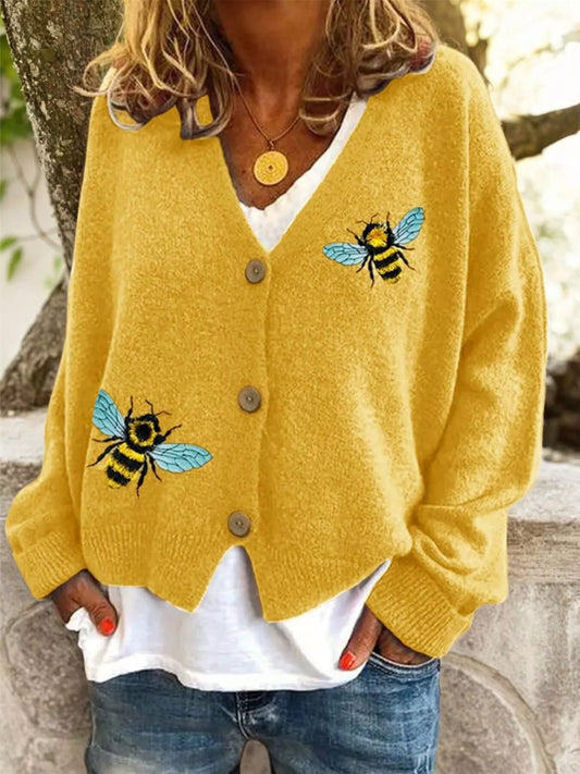 Bee Embroidered Button-Down Cardigan in yellow, featuring vibrant bee embroidery on a stylish, casual design.