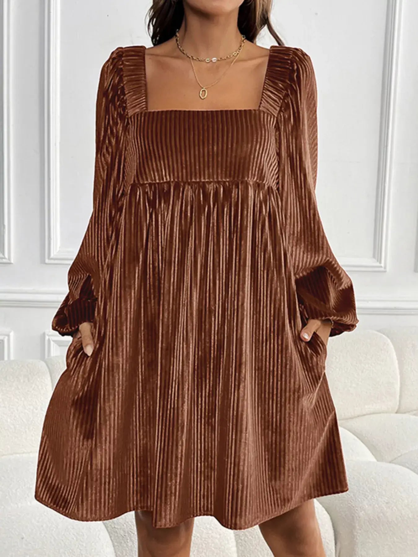Velvet Square Neck Long Sleeve Dress in rich brown color, featuring elegant long sleeves and a flattering silhouette.