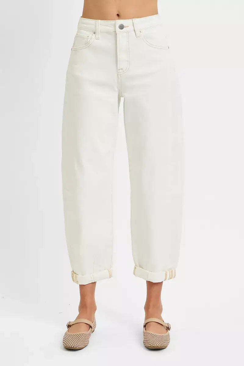 RISEN Full Size High Rise Barrel Cropped Jeans in white, featuring a relaxed fit and cuffed hems, perfect for stylish outfits.