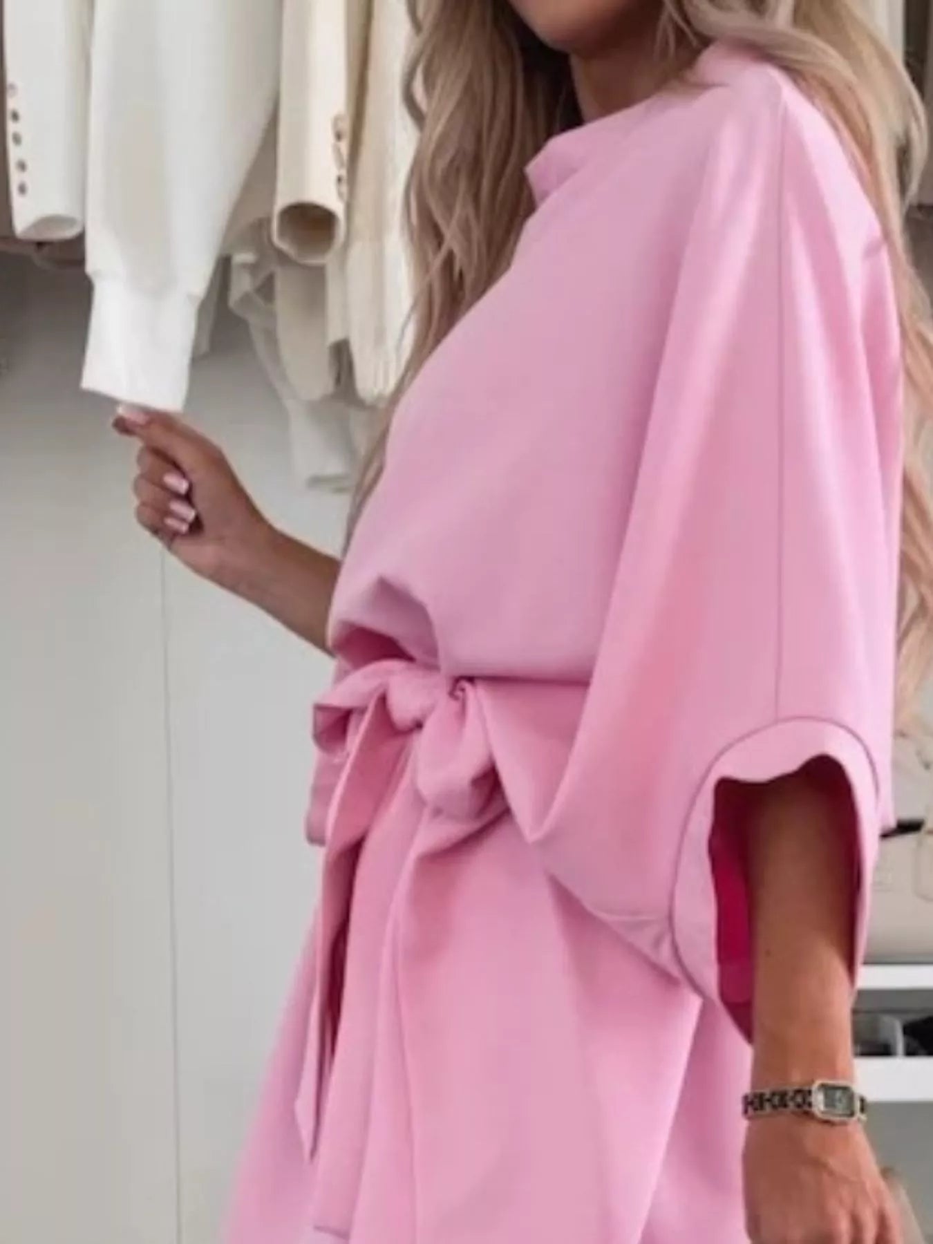 Batwing Sleeve Tie Waist Mini Dress in pink with a stylish belt, showcasing an elegant casual look.