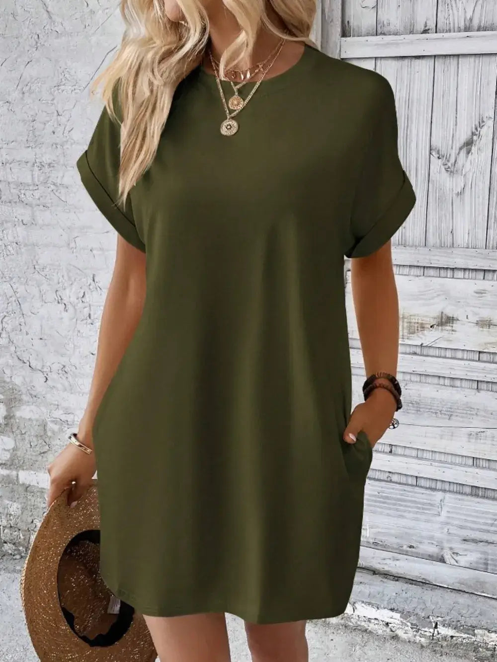 Olive green pocketed round neck short sleeve dress, perfect for casual wear and summer outings.