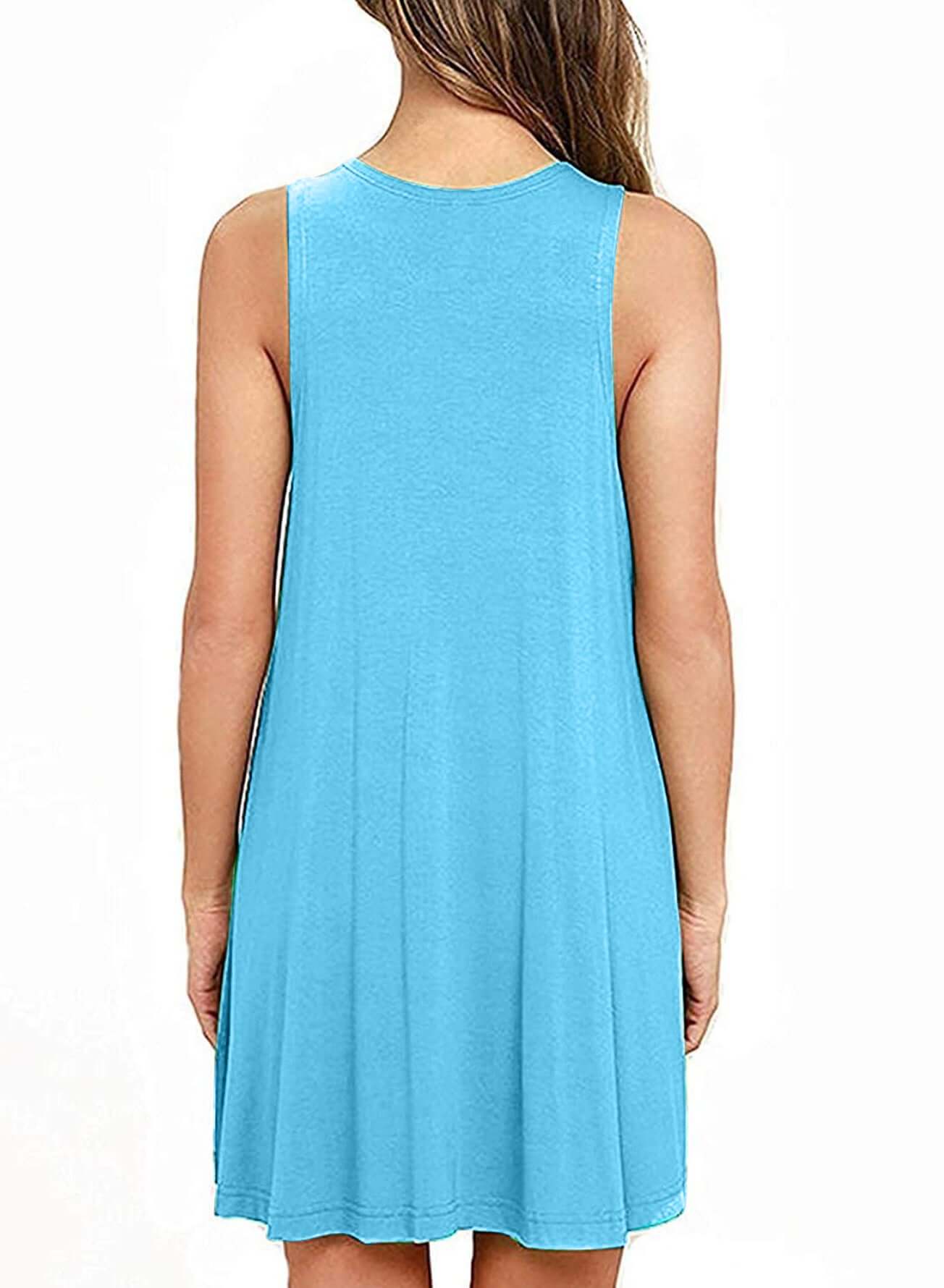 Back view of a light blue sleeveless casual dress with a round neck and flared shape.