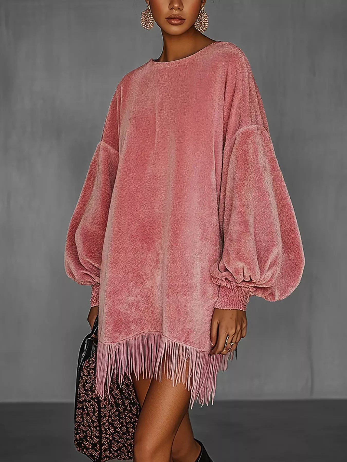 Velvet Fringe Hem Mini Dress in pink with balloon sleeves and fringe detailing for an elegant evening style.