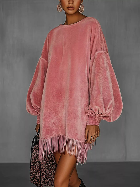 Velvet Fringe Hem Mini Dress in pink with balloon sleeves and fringe detailing for an elegant evening style.