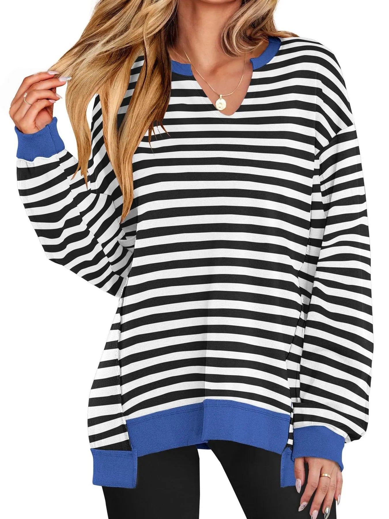 Notched Long Sleeve Oversized Sweatshirt in black and white stripes with blue accents, perfect for casual wear.