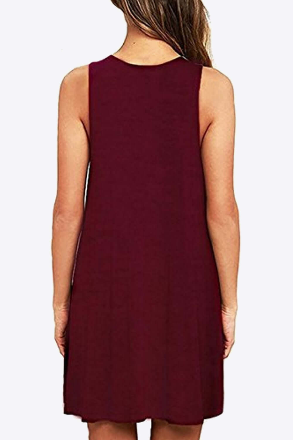 Back view of a full-size round neck sleeveless dress in burgundy, showcasing its casual style and loose fit.