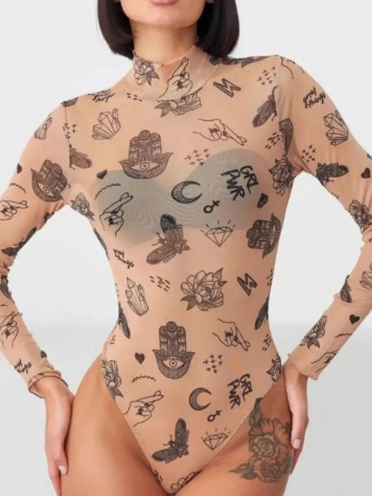 Printed mock neck long sleeve bodysuit in sheer stretch fit with unique graphic patterns.