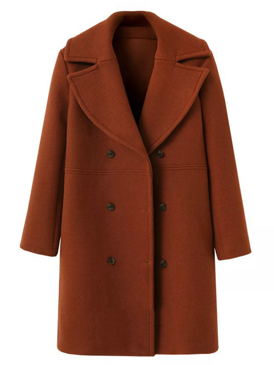 Double-Breasted Long Sleeve Coat in orange-brown, featuring a structured design and double-breasted buttons.
