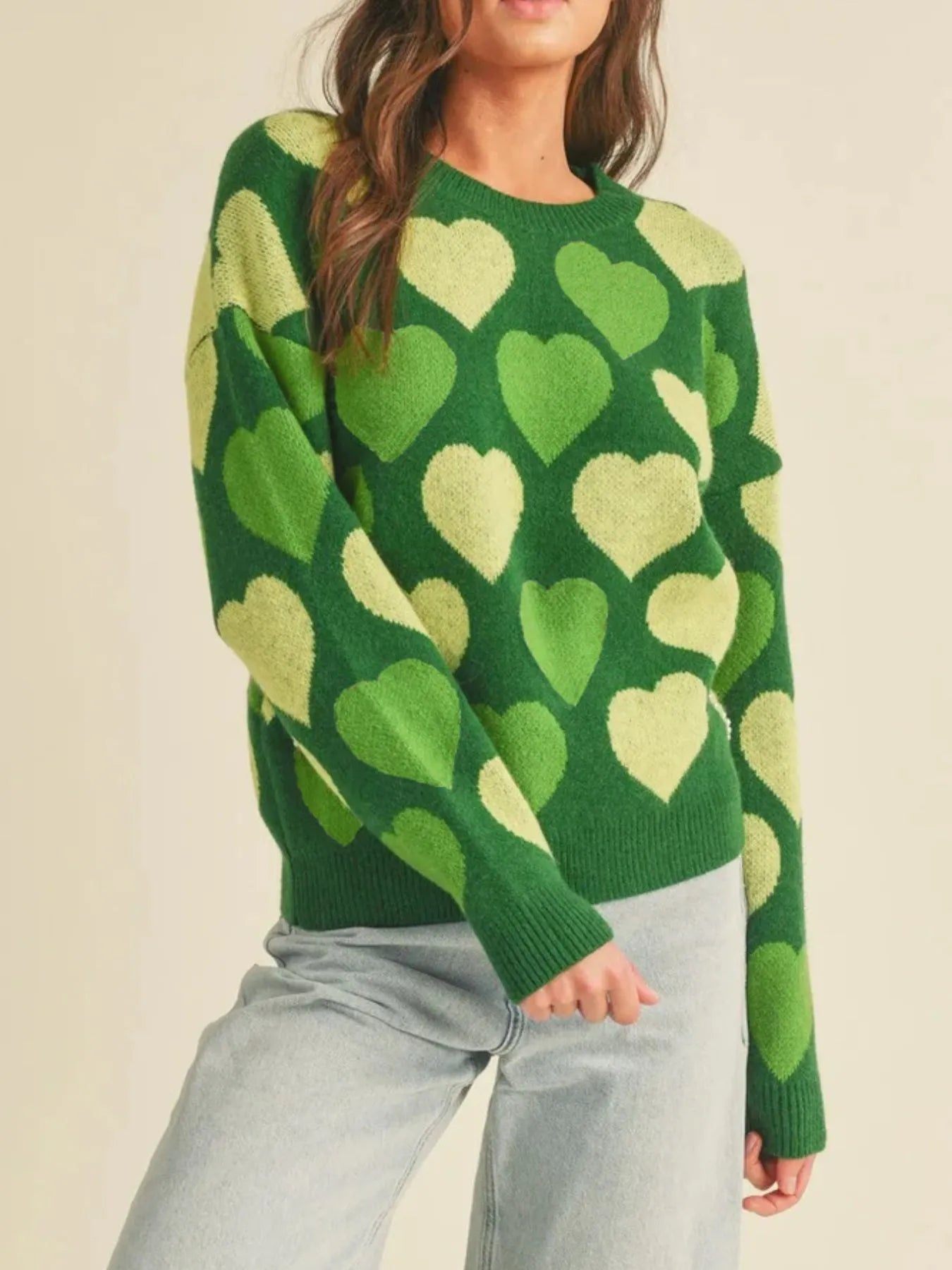Heart Ribbed Hem Long Sleeve Sweater in green with heart patterns, perfect for everyday style.