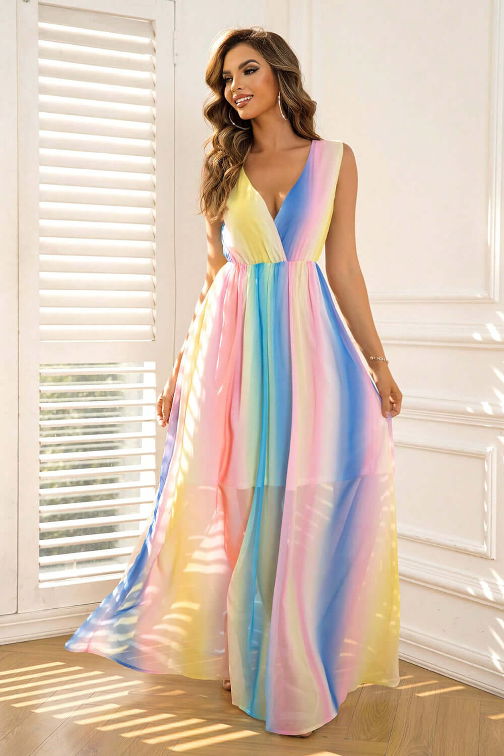 Surplice Neck Sleeveless Maxi Dress in pastel colors, perfect summer outfit for elegant occasions.