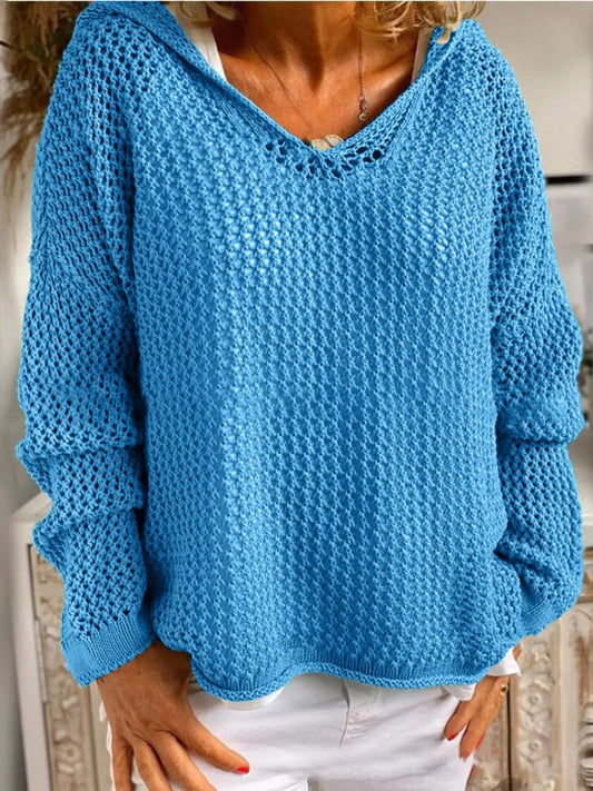 Crochet Hooded Knit Cover Up in blue, featuring cutout details and a relaxed fit for stylish layered looks.