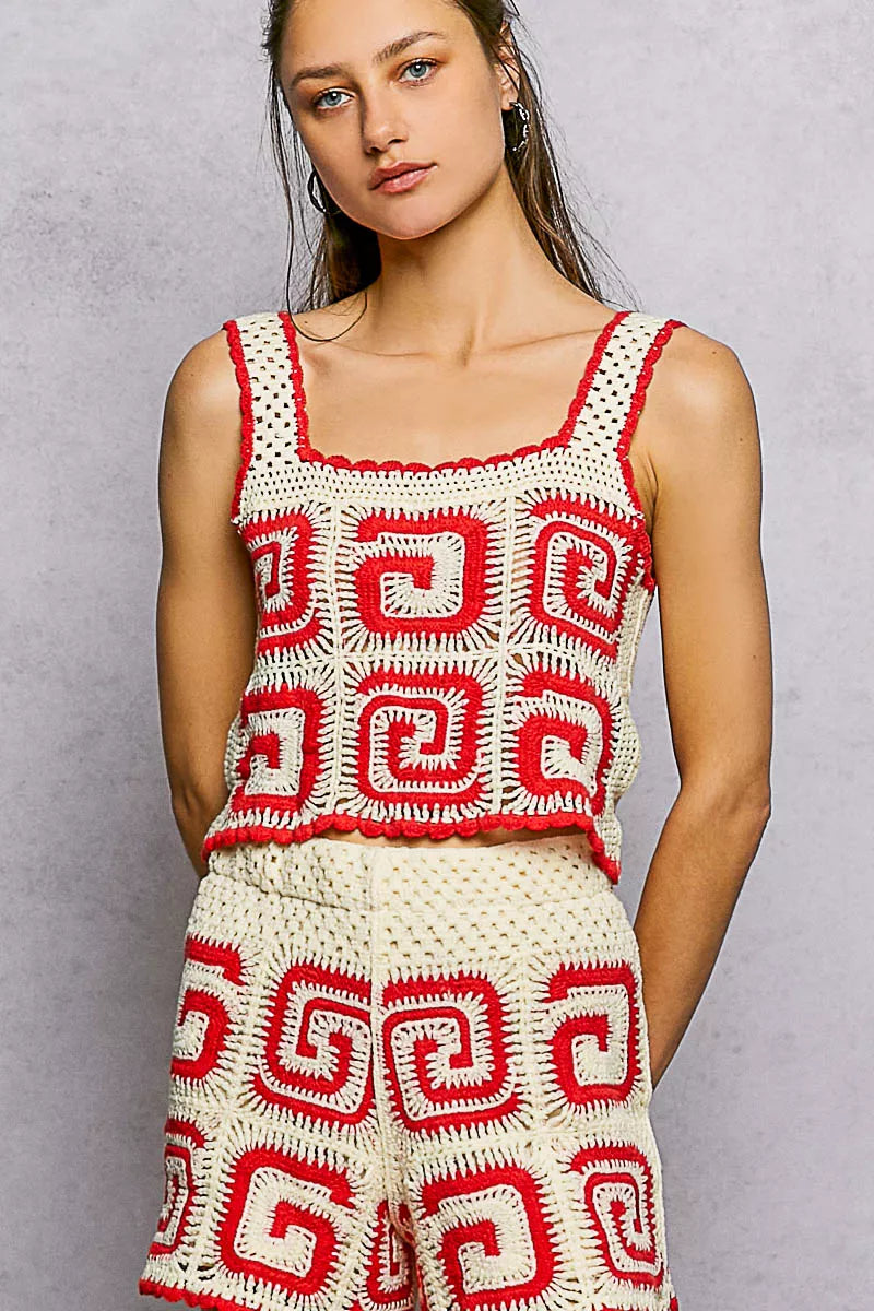 POL Handmade Crochet Cropped Tank with Granny Square Pattern displayed in a stylish summer outfit.