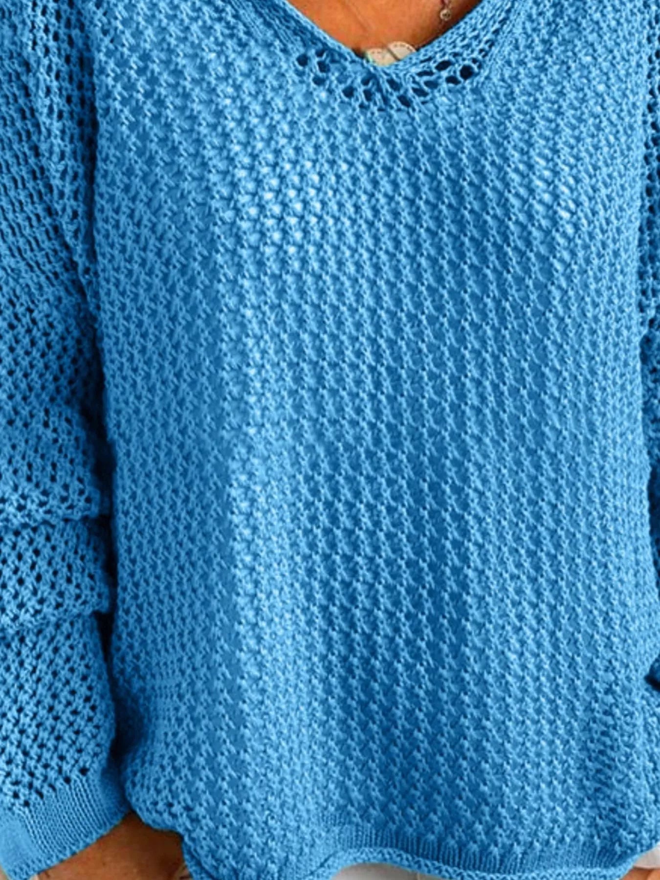 Crochet Hooded Knit Cover Up in blue, showcasing detailed texture and V-neck design for stylish layered looks.