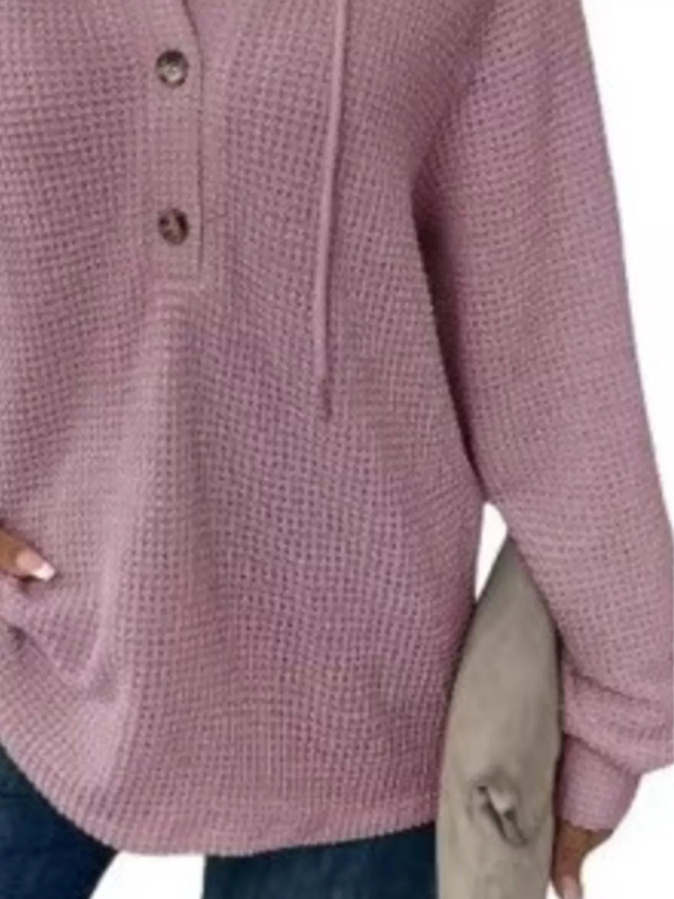 Full Size Button Detail Waffle Knit Hoodie Plus Size in soft pink color, showcasing button detail and cozy texture.