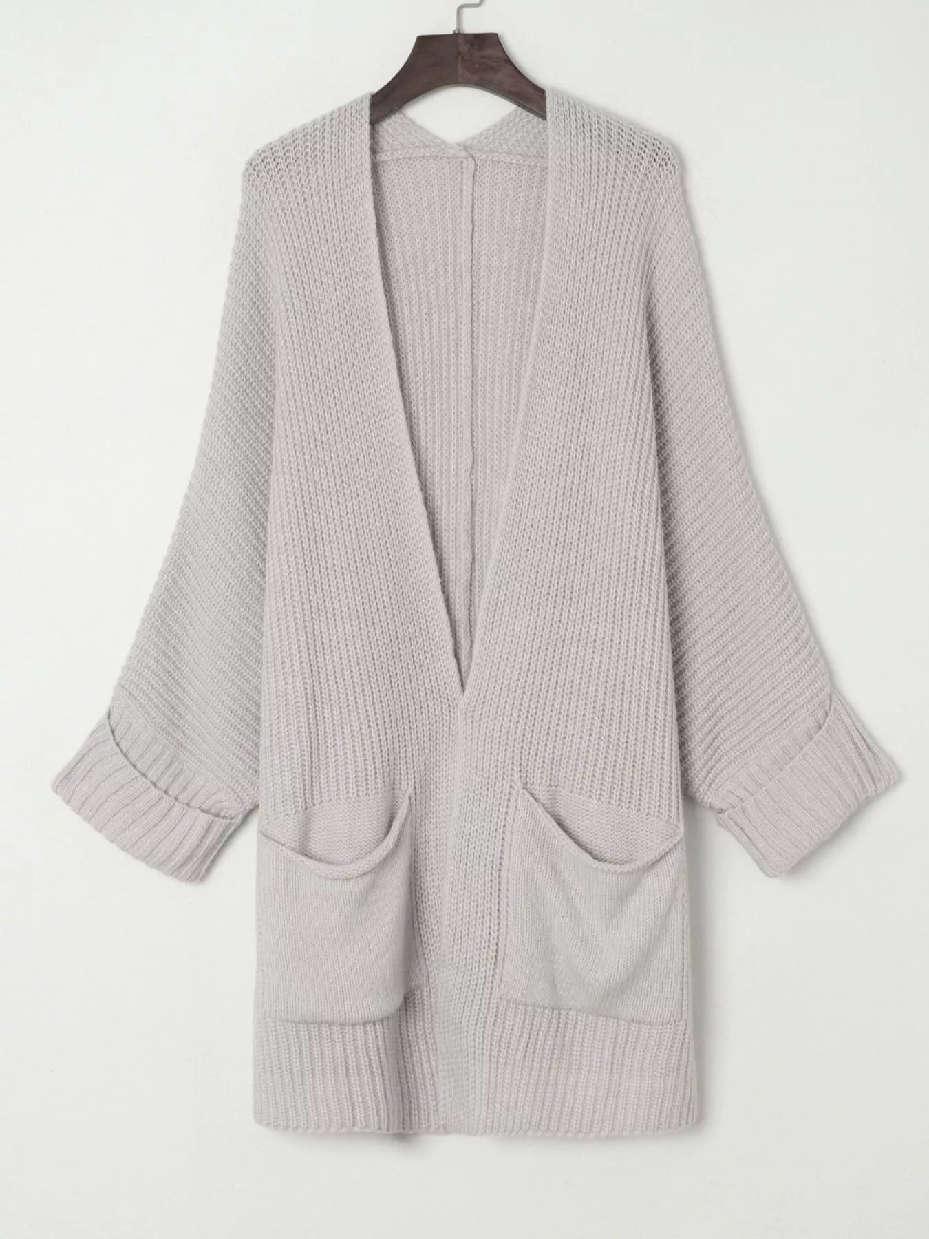 Oversized Fold Over Sleeve Open Front Cardigan for Women in light gray with pockets and wide sleeves