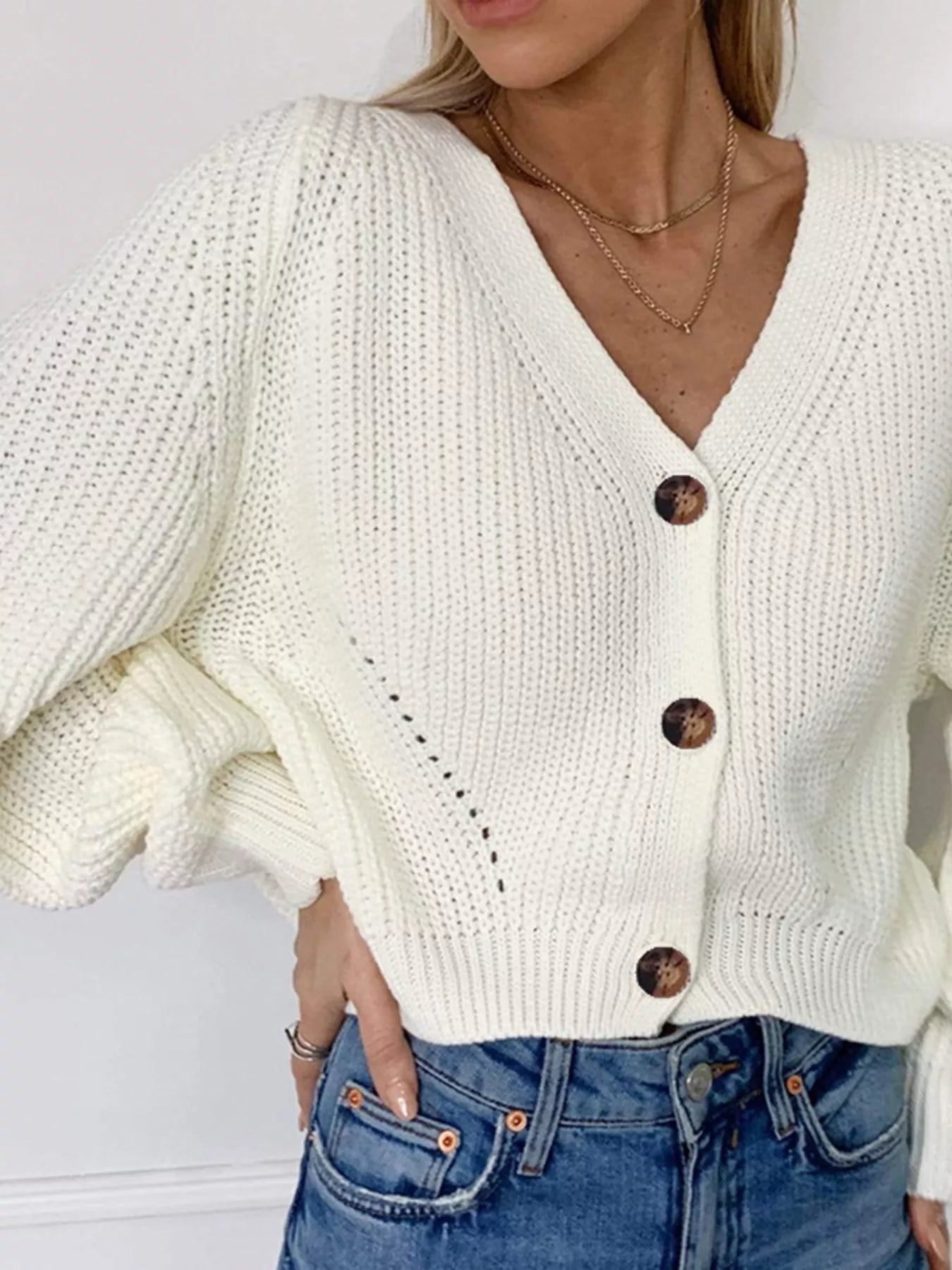 Chunky Knit Button Down Cardigan in white featuring a V-neck and button closure for a cozy layered style.