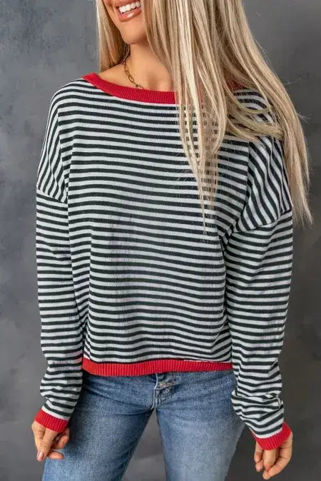 Striped Round Neck Drop Shoulder T-Shirt worn by a smiling woman, featuring horizontal stripes and drop shoulder design.
