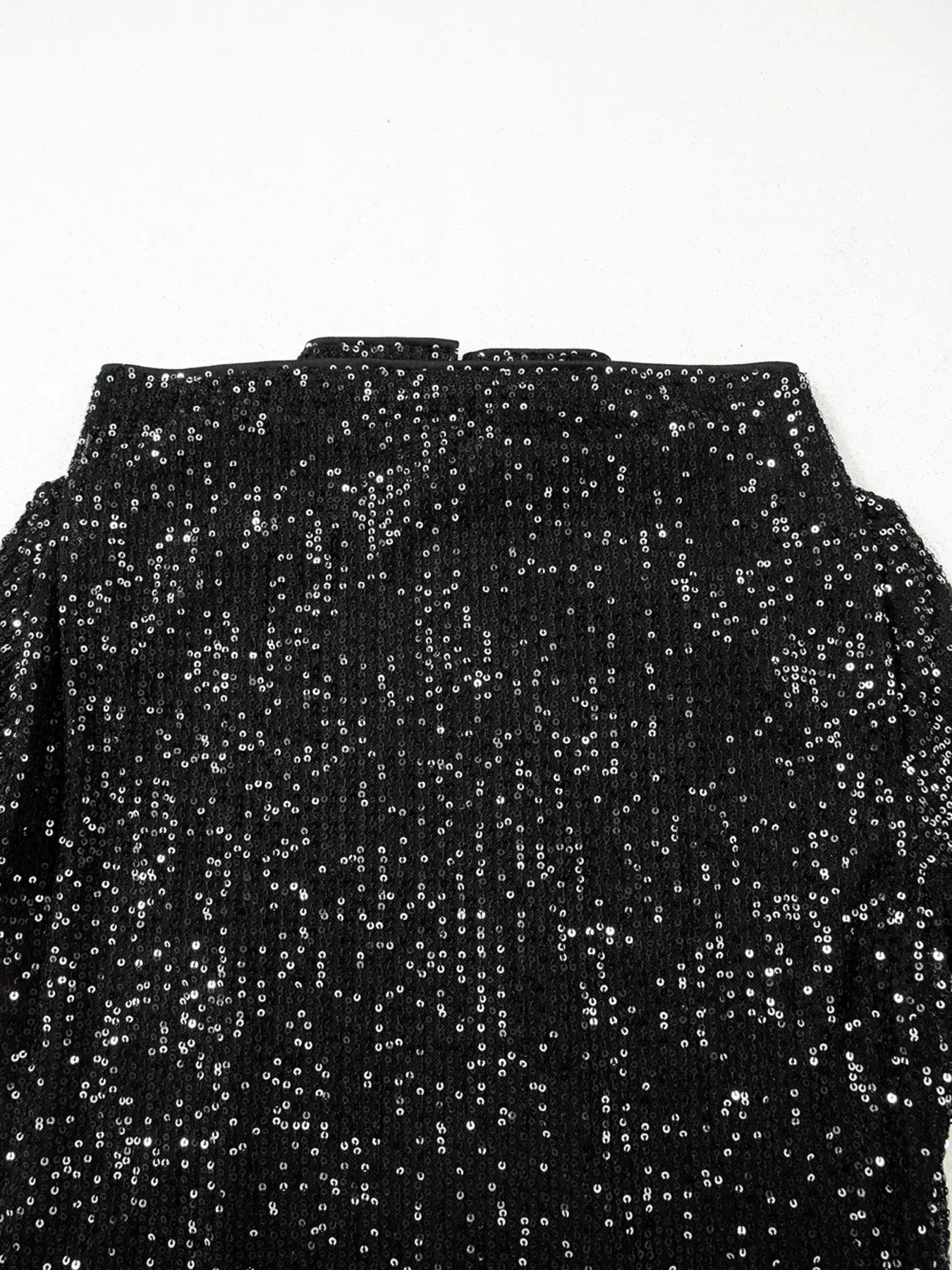 Shimmering back view of Sequin Mock Neck Drape Open Back Bell Sleeve Top showcasing elegant sequins for glam nights.