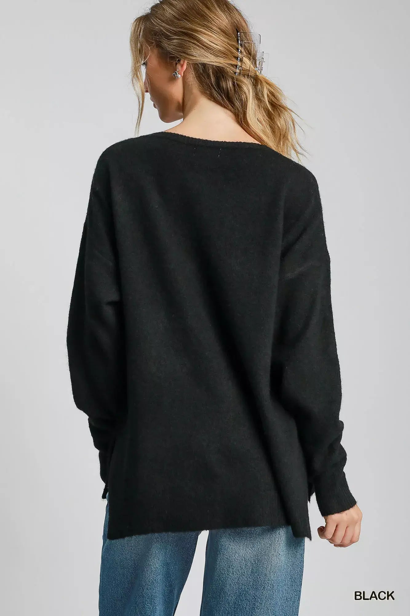 Umgee Wool Blended Pullover Sweater displayed in black, showcasing a relaxed fit and cozy design from the back.