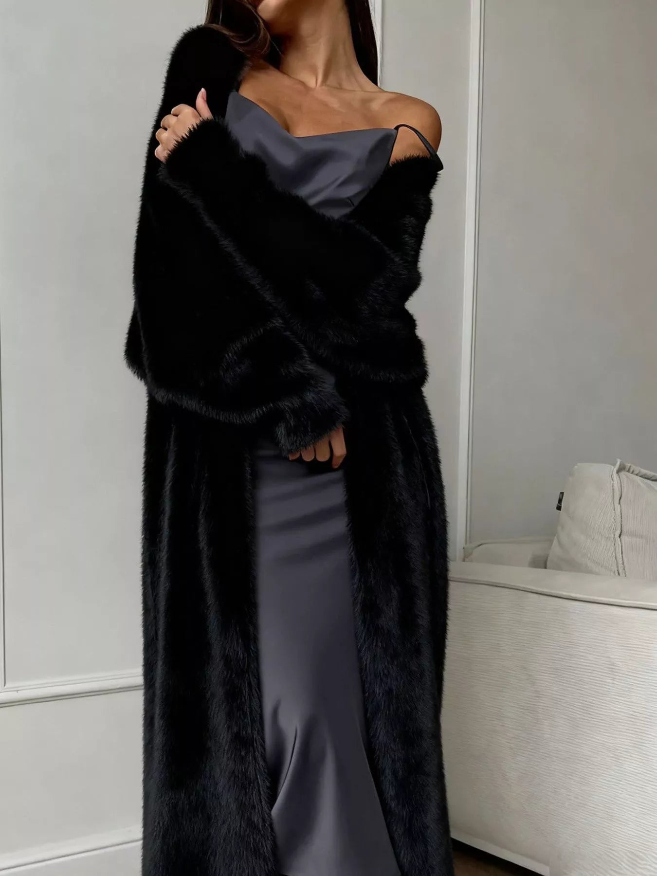 Fuzzy Open Front Longline Cardigan worn over elegant satin dress, showcasing a cozy winter outfit.