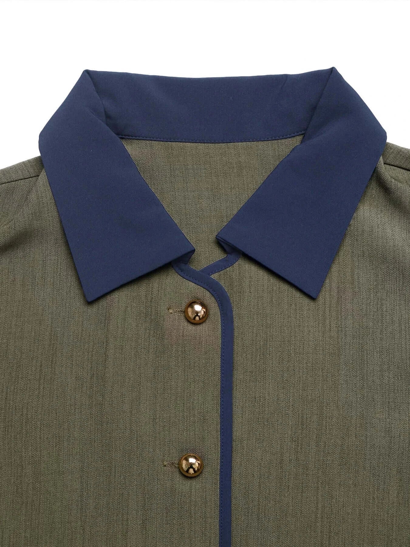 Close-up of the collar and button detail of the Contrast Trim Button-Up Jacket for Women.