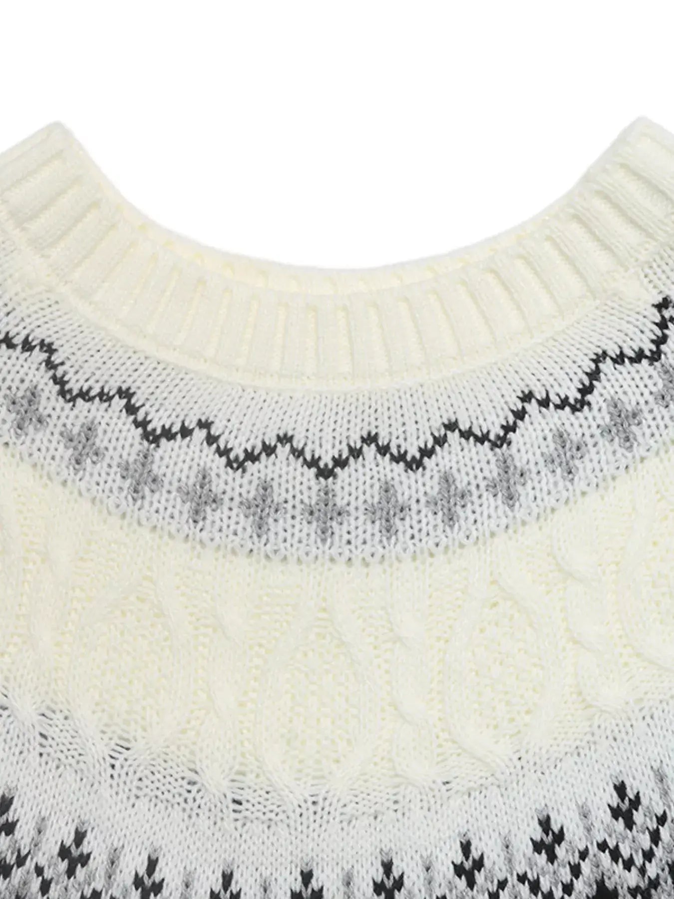 Fair Isle Pattern Crew Neck Sweater featuring a classic crew neckline and intricate black and gray knit design.