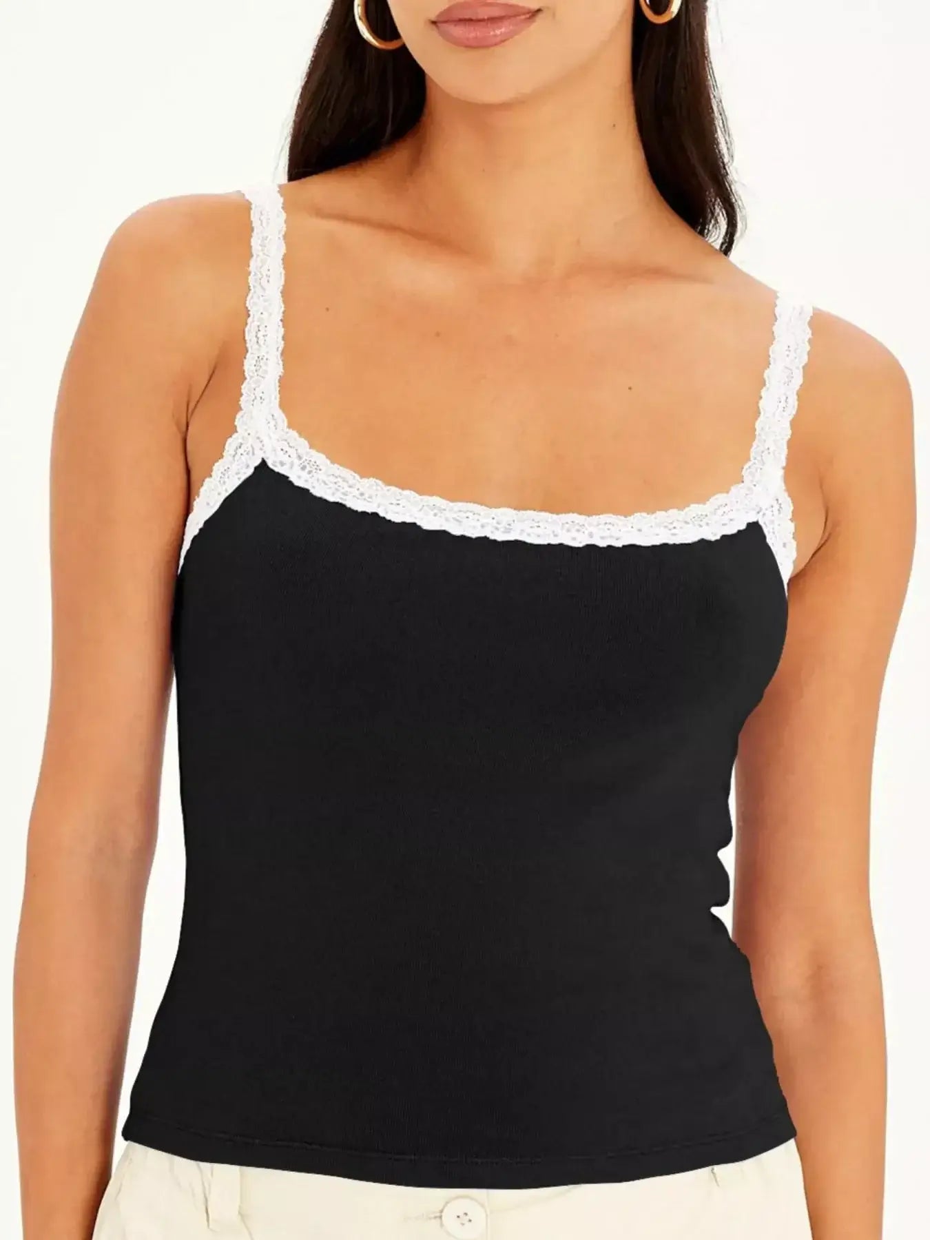 Lace Detail Contrast Trim Cami displayed on a model, showcasing delicate lace and modern style.