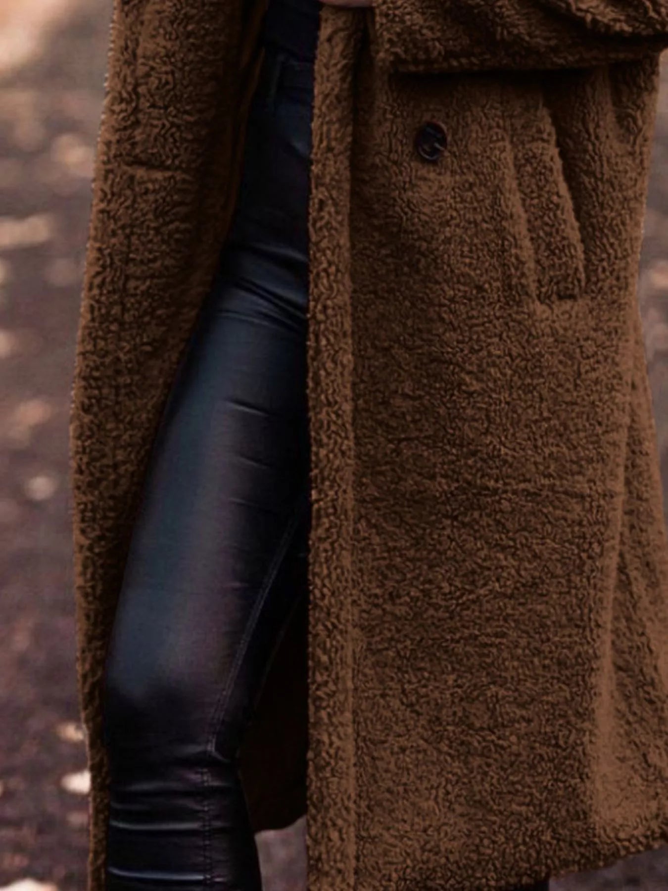 Teddy Bear Hooded Longline Outerwear in brown, buttoned and pocketed, perfect for cozy everyday style and comfort.