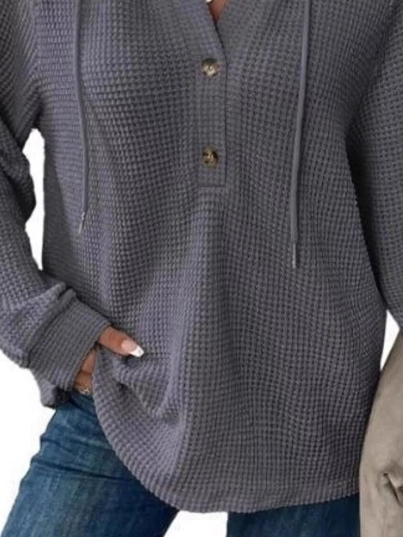 Full Size Button Detail Waffle Knit Hoodie Plus Size in grey with button detail and hood for cozy style.