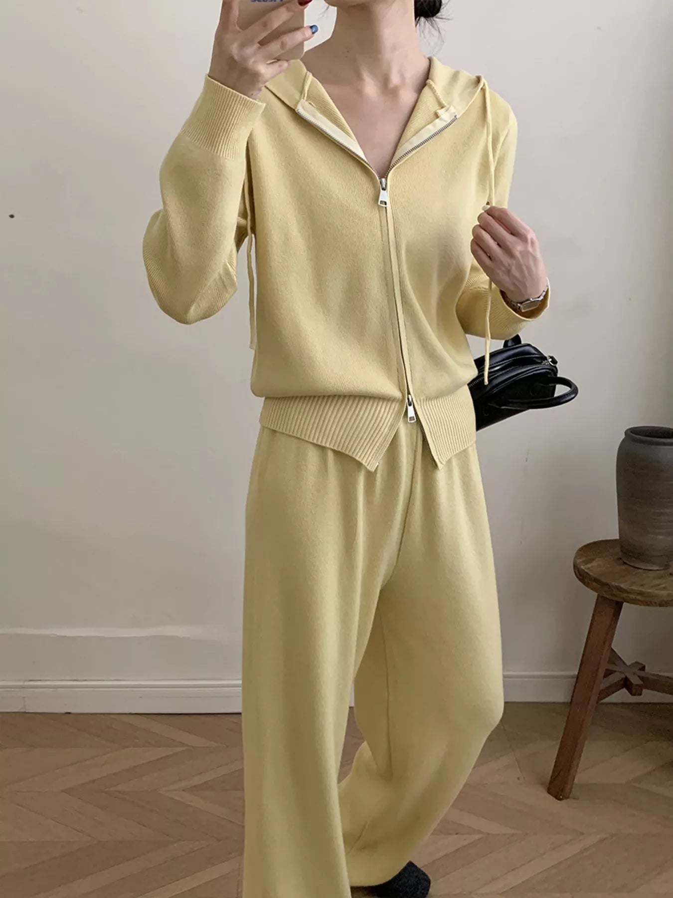 Zip Up Cardigan and Wide Leg Pants Knit Set – Women's Two Piece Outfit in soft yellow with hood and drawstring.