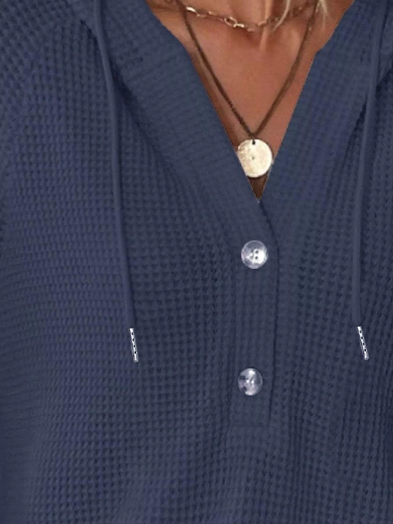 Full Size Button Detail Waffle Knit Hoodie Plus Size in navy color with a hood and button detail.