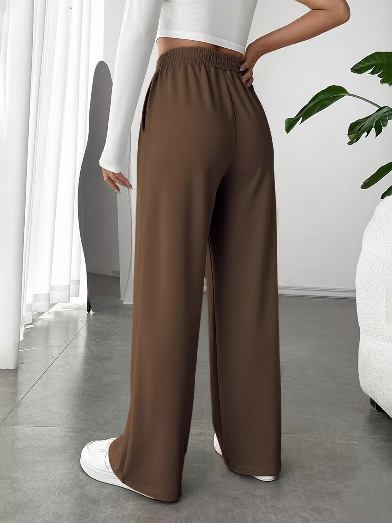 Wide Leg High Waist Pants in brown, showcasing back view, designed for elegant everyday style.