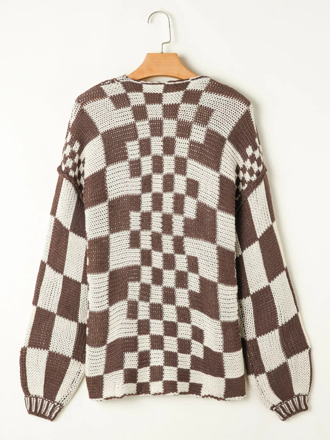 Checkerboard Pattern Sweater Cardigan cozy knit layer showing the back view with a stylish checkerboard design in brown and white.