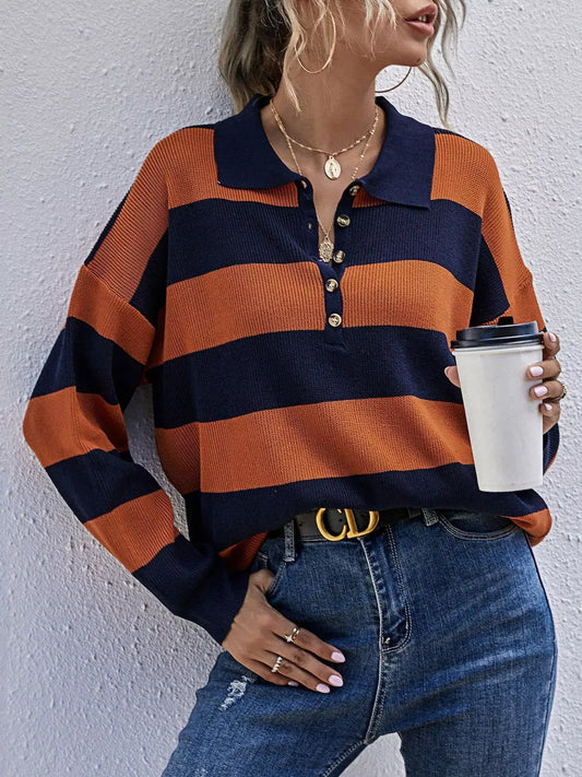 Striped Button Detail Dropped Shoulder Knit Top featuring bold stripes and button detailing for a relaxed style.