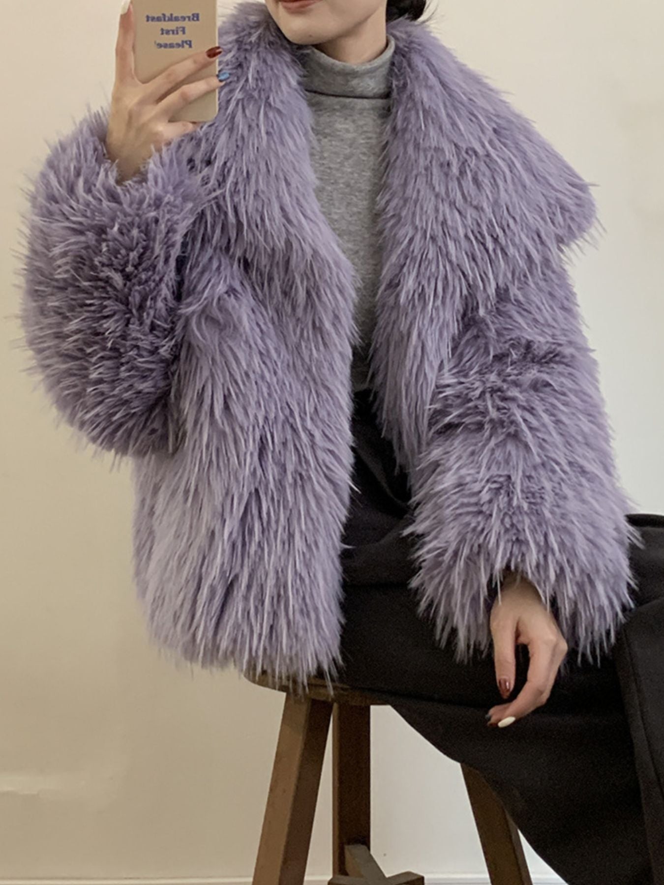 Faux Fur Open Front Outerwear in lavender, styled with a gray top, perfect for cozy winter layering.