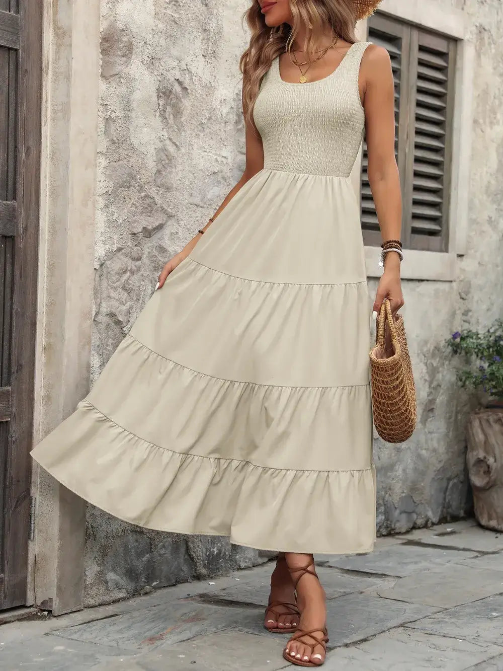 Ivy Lane Smocked Scoop Neck Sleeveless Tank Dress in beige, featuring a tiered ruffle hem and a smocked bodice.