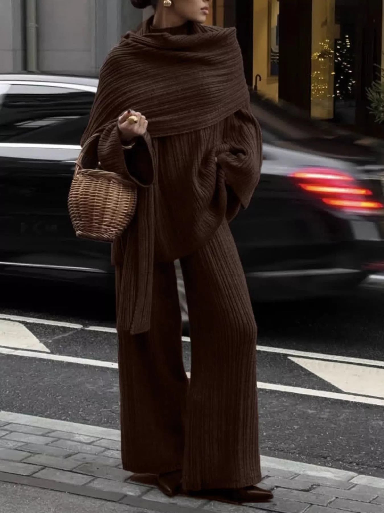 3 Piece Ribbed Sweater and Wide Leg Pants Set with Scarf, featuring a stylish brown ribbed design.