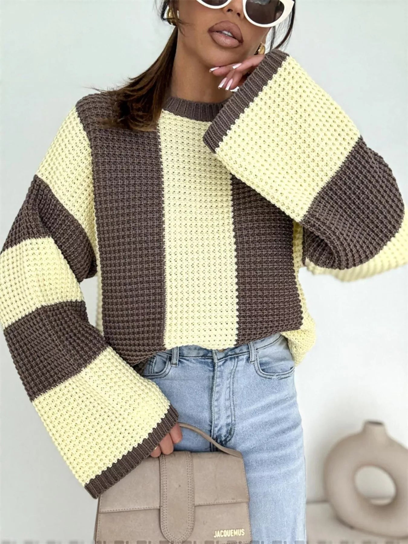 Color Block Long Sleeve Sweater in oversized cozy knit style with yellow and brown stripes, perfect for a chic casual look.