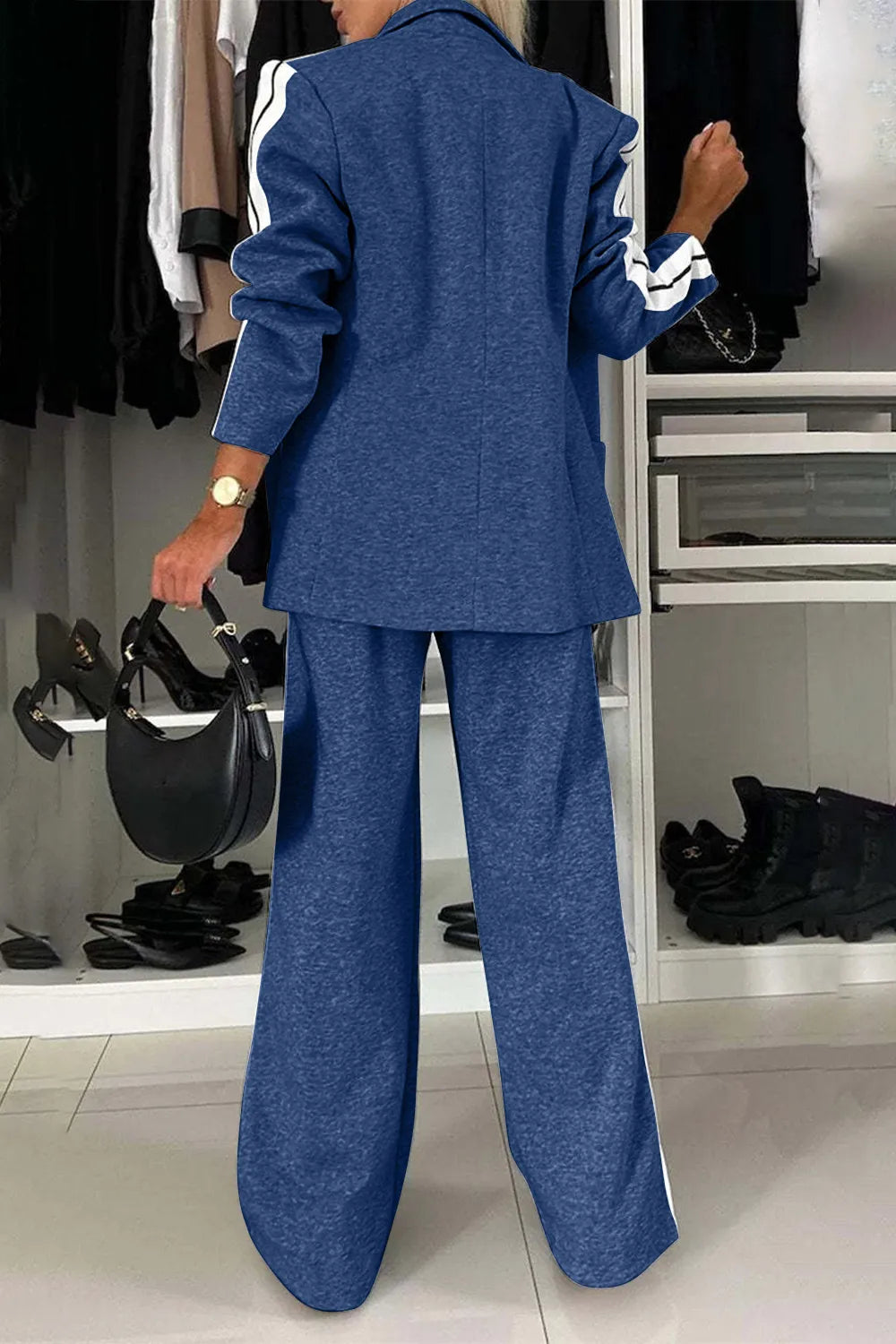 Full Size Contrast Lapel Collar Top and Pants Set displayed from the back in blue with stylish details and a modern fit.