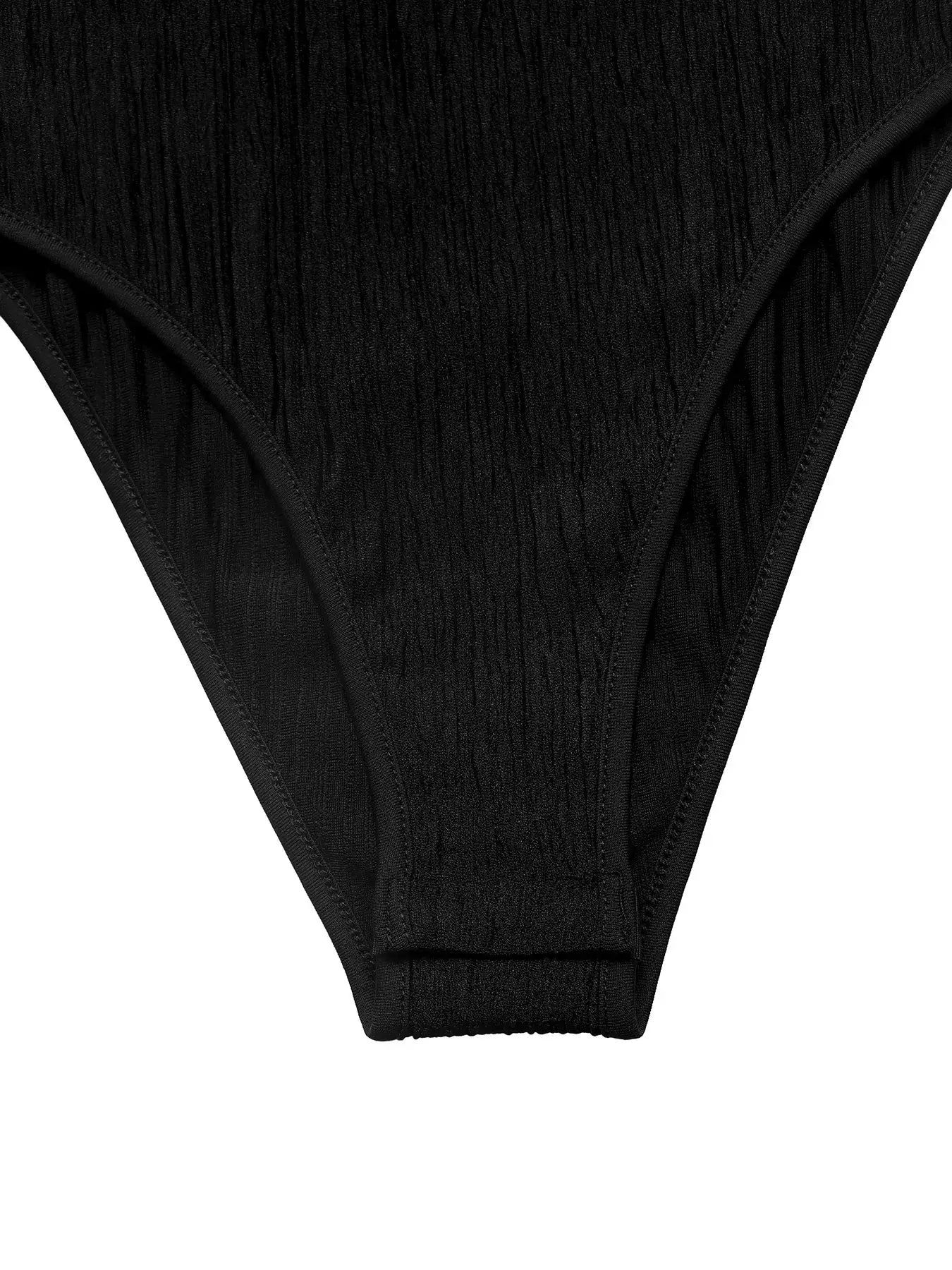 Close-up view of the textured black fabric on the Cold Shoulder Flounce Sleeve Bodysuit, showcasing its elegant design.