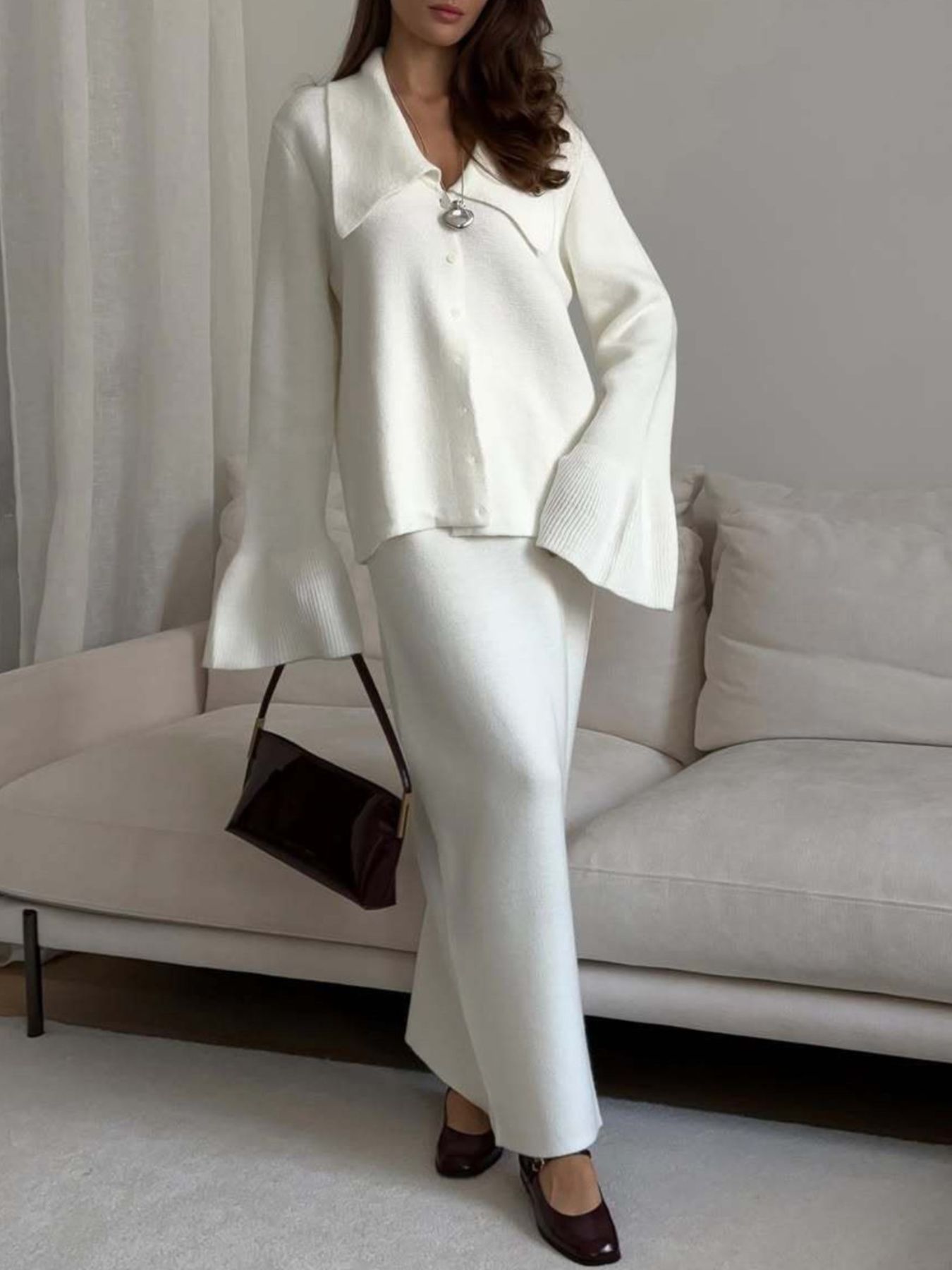Button Down Cardigan and Skirt Knit Set – Women's Two Piece Outfit in cream, featuring ribbed texture and stylish design.