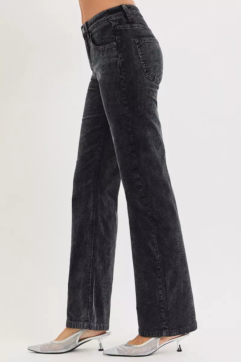 RISEN Tummy Control Mid Rise Straight Leg Corduroy Pants in black displayed on a model.