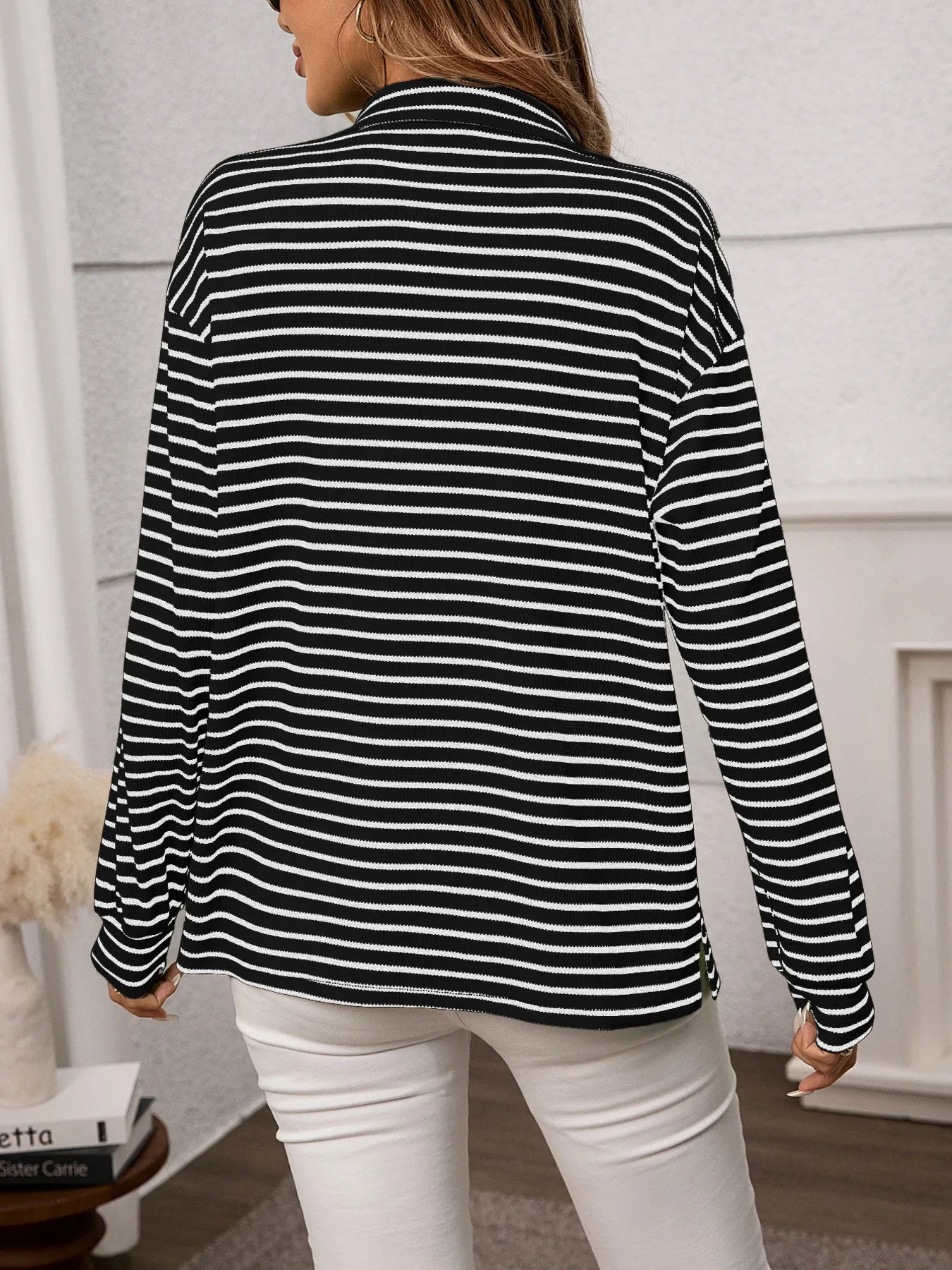 Striped Button Up Long Sleeve Shirt back view, slightly stretchy, buttoned and pocketed for everyday wear.