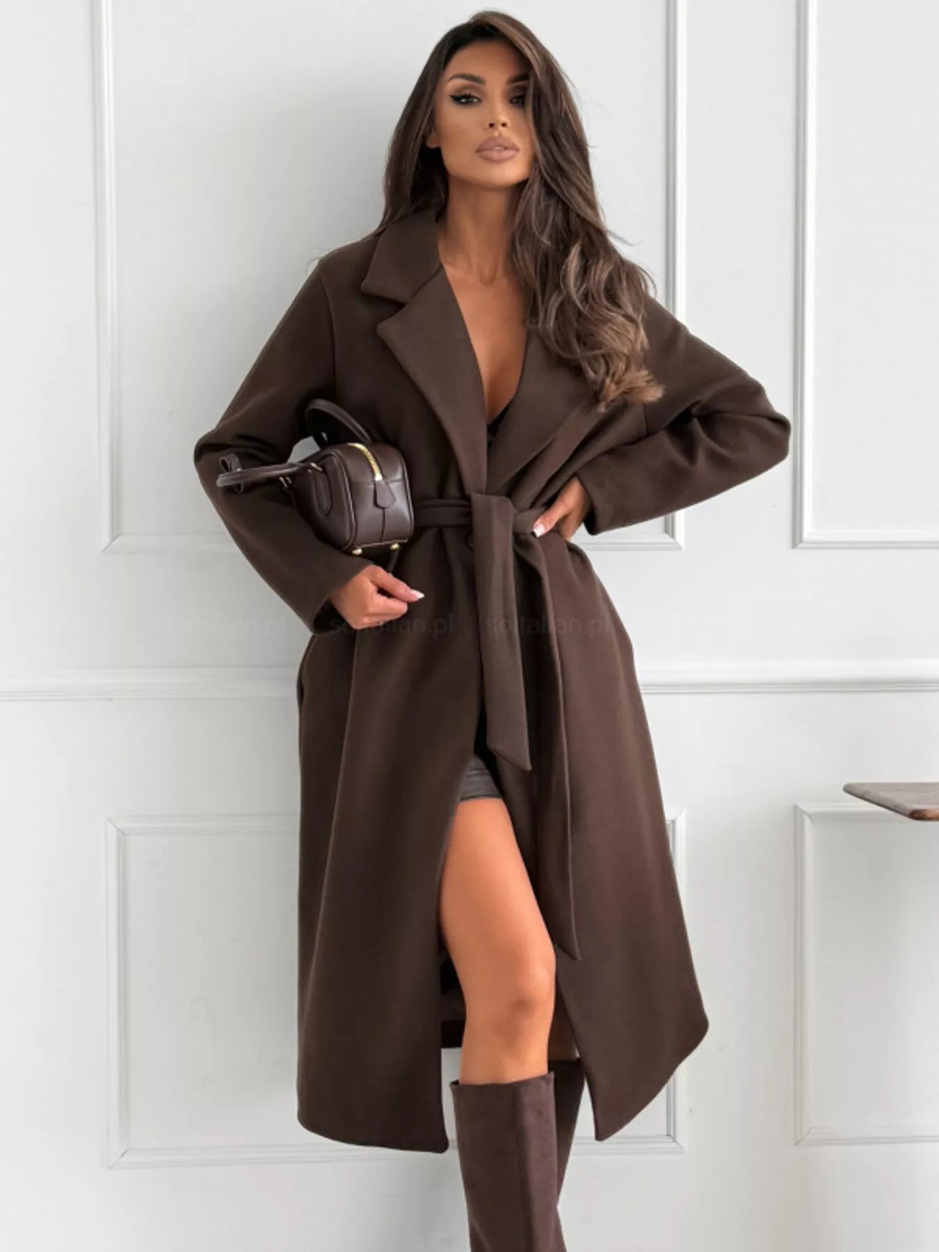 Tie Waist Longline Coat - Elegant belted outerwear worn by a model in a stylish brown color.